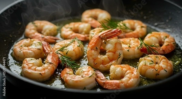 Fototapeta Close-up of garlic butter shrimp on a skillet