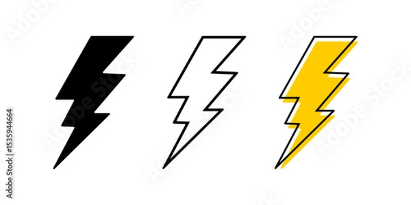 Fototapeta Set of bolt icons. Collection of lightning signs isolated on white background. Flashlight, energy, battery charging, power or dangerous effect symbols. Vector graphic illustration.