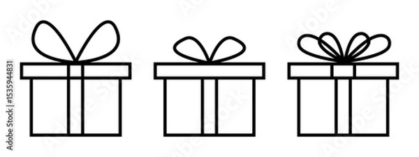 Fototapeta Set of gift box icons. Collection of present packages shapes with ribbon bows isolated on white background. Surprise, prize or bonus concept. Editable stroke. Vector outline illustration.
