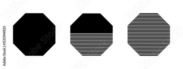 Fototapeta Black whole, streaked and half-striped octagon shapes isolated on white background. Minimalistic geometric elements. Vector graphic illustration.