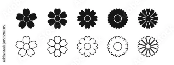 Fototapeta Set of various flower icons. Camomile, chrysanthemum or gerbera silhouettes isolated on white background. Collection of floral design elements. Spring or summer concept. Vector graphic illustration.