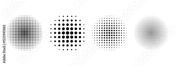 Obraz Set of dotted circles with halftone effect. Collection of round shapes with polka dot pattern isolated on white background. Simple design elements. Vector graphic illustration.