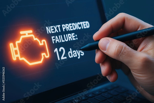 Fototapeta Next predicted failure alert on digital screen with hand holding stylus pen for maintenance engineer to prevent breakdown