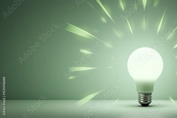 Fototapeta Light bulb glowing against a green background with rays of light  
