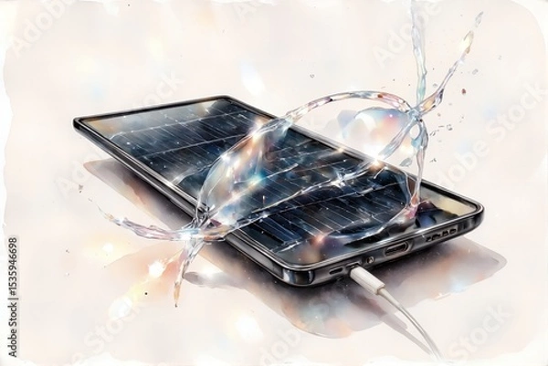 Fototapeta Solar-powered phone charging with splashes of water and light  