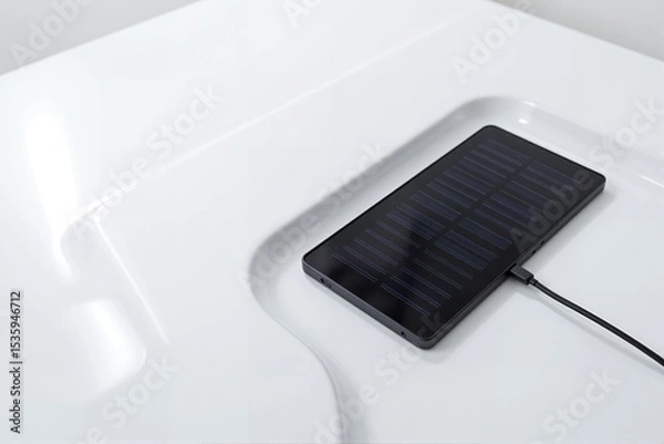 Fototapeta Solar charger placed on glossy white surface for modern devices  