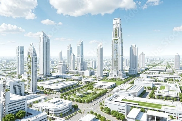 Fototapeta Modern city skyline with skyscrapers and green spaces in daylight  