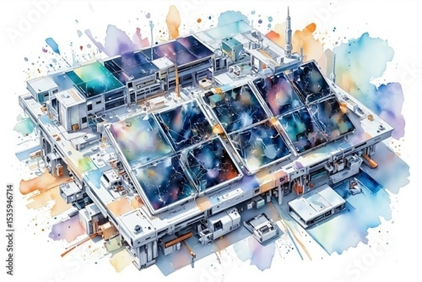 Fototapeta Industrial building with colorful watercolor effect on white background  