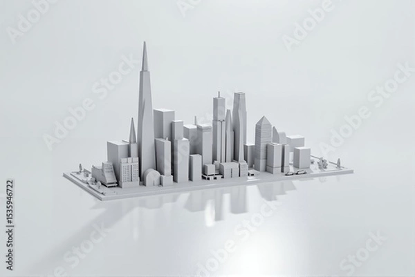 Fototapeta 3D model of a modern city skyline in grey color scheme  