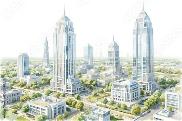 Fototapeta Urban skyline with modern skyscrapers and greenery in bright colors  