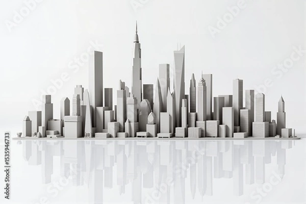 Fototapeta 3D skyline model of a modern cityscape in monochrome color scheme  