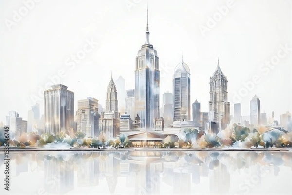 Fototapeta Modern skyline of New York City with reflections in serene colors  