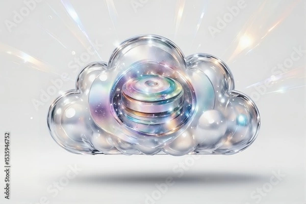 Fototapeta Iridescent cloud with swirling disks representing digital storage  