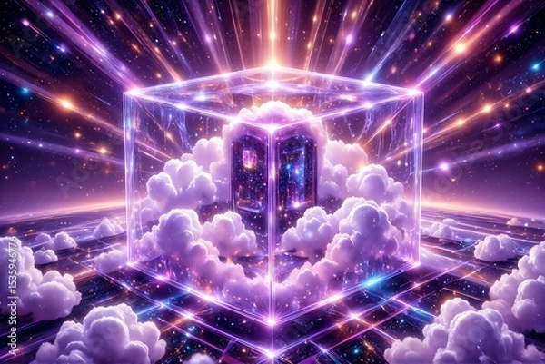 Fototapeta Surreal purple and pink portal emerging from clouds in cosmic space  