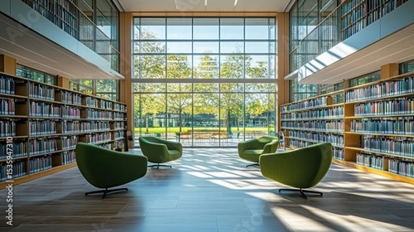 Obraz Architectural composition of an open library space with a view to the park