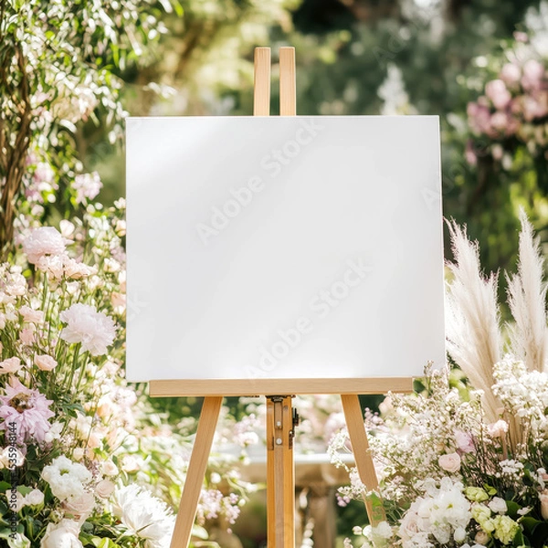 Fototapeta Blank canvas mock up welcome signboard on a wooden easel decorated with flowers and pampas grass