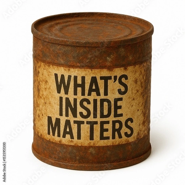 Fototapeta Vintage-style tin labeled "What's inside matters".