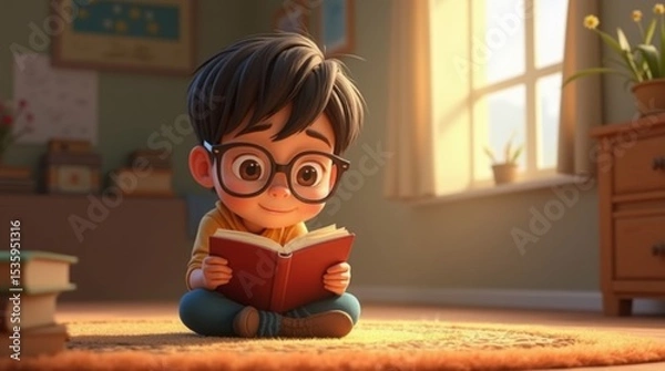 Fototapeta Kid with round glasses reading in cozy room
