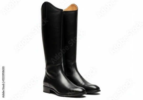 Obraz Elegant black leather riding boots isolated on white background