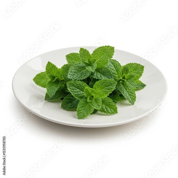 Obraz Fresh green mint leaves are displayed on a white plate against a white background in this studio shot