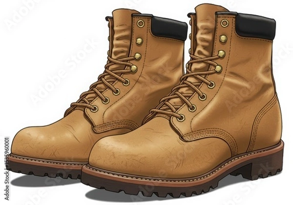 Obraz Pair of tan leather work boots isolated on white background