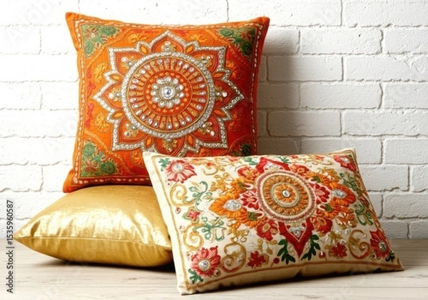 Obraz Embroidered decorative throw pillows isolated on white background