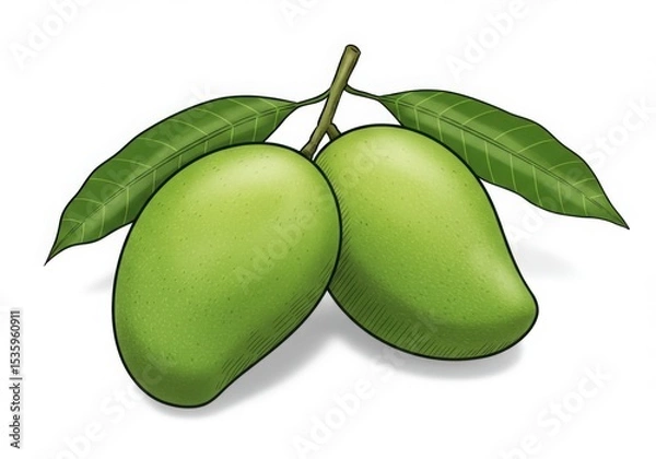 Obraz Two green mangoes with leaves isolated on white background