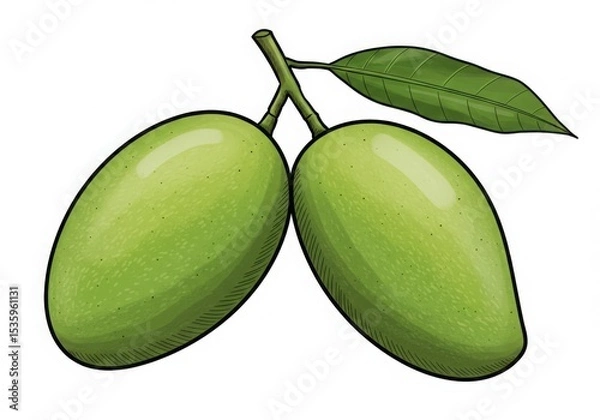 Obraz Two green mangoes on branch isolated on white background