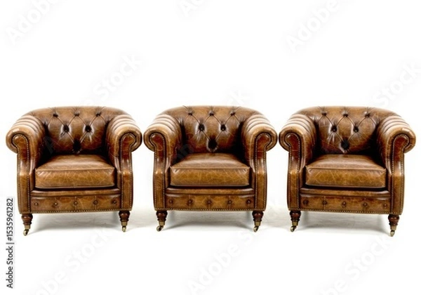 Obraz Three brown leather chesterfields isolated on white background