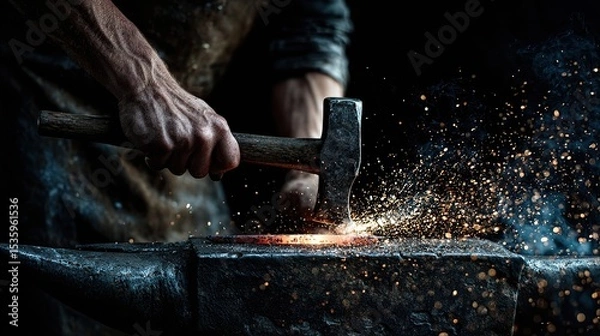 Fototapeta A blacksmith works with hammer and anvil, creating sparks from hot metal.