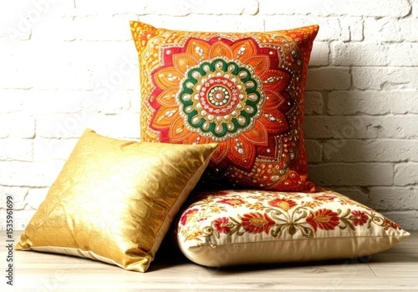 Obraz Three decorative throw pillows isolated on white background