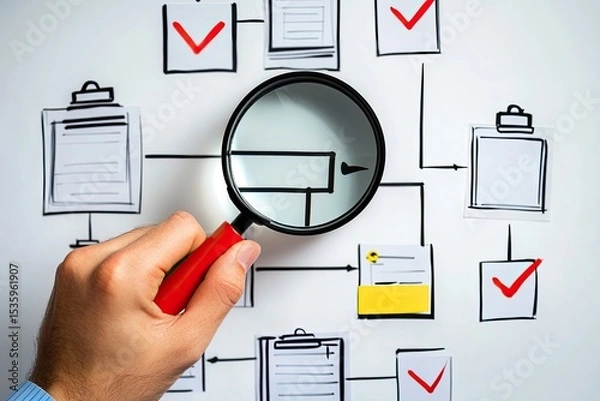 Obraz Hand holding magnifying glass over a complex flowchart with checkmarks and documents