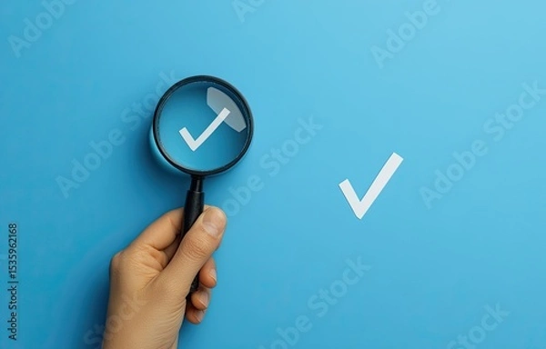 Obraz Hand holding magnifying glass with checkmark;  blue background