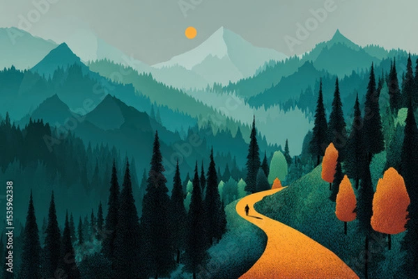 Fototapeta Sustainable path to success winds through serene forest with vibrant trees and distant mountains under glowing sun creating peaceful journey.