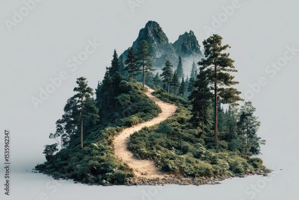 Fototapeta Sustainable path to success winds through lush green forest and rocky mountain peaks creating serene and inspiring natural journey.
