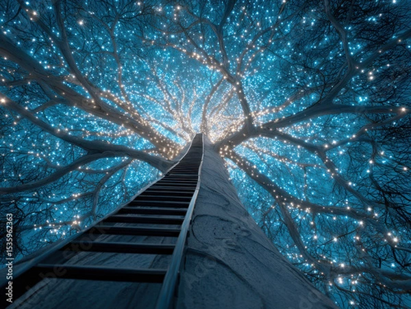 Fototapeta Climbing ladder toward sustainable future shines bright with glowing blue lights on tree branches in magical night scene.
