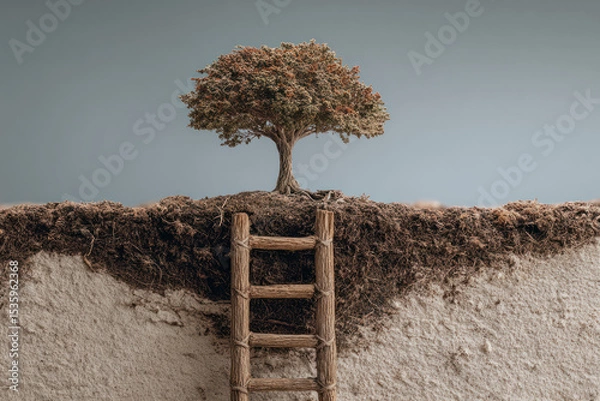 Fototapeta Climbing toward sustainable future is symbolized by wooden ladder leading up to healthy tree growing on rich soil under clear sky.