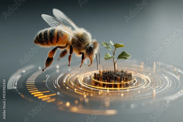 Fototapeta Bee hovers near small plant growing in soil surrounded by digital rings symbolizing business and sustainability in nature and technology harmony.