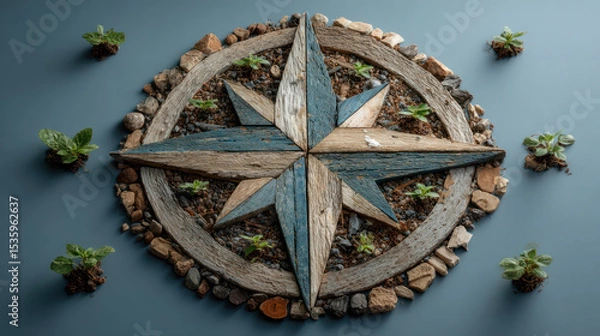 Fototapeta Navigating business growth with sustainable strategy is symbolized by rustic wooden compass surrounded by small green plants on blue surface.