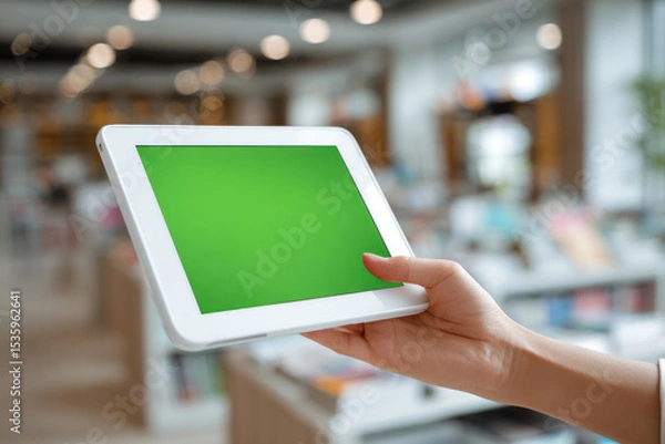 Fototapeta Person holding white tablet with green screen in modern office environment showing business and sustainability focus in technology use.