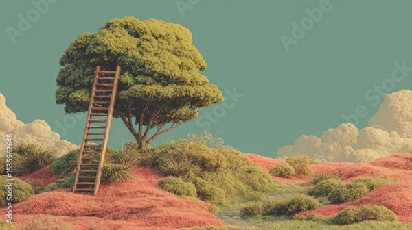 Fototapeta Climbing wooden ladder toward sustainable future in peaceful landscape with green tree and soft pink grass under calm blue sky.