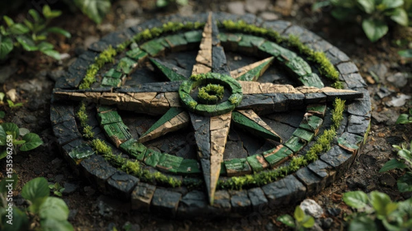 Fototapeta Navigating business growth with sustainable strategy is symbolized by moss covered stone compass on forest floor inspiring direction and success.