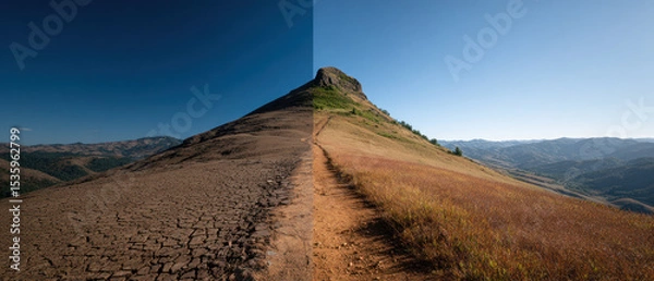 Fototapeta Sustainable path to success is shown by contrast of dry cracked earth and lush grass on mountain trail under clear blue sky.