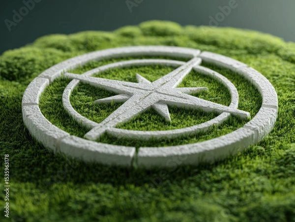 Fototapeta Navigating business growth with sustainable strategy is symbolized by white compass lush green grass representing direction and eco friendly.