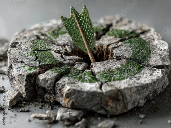 Fototapeta Sustainable business goals are powered by renewables symbolized by green leaf growing through cracked concrete with moss on surface.