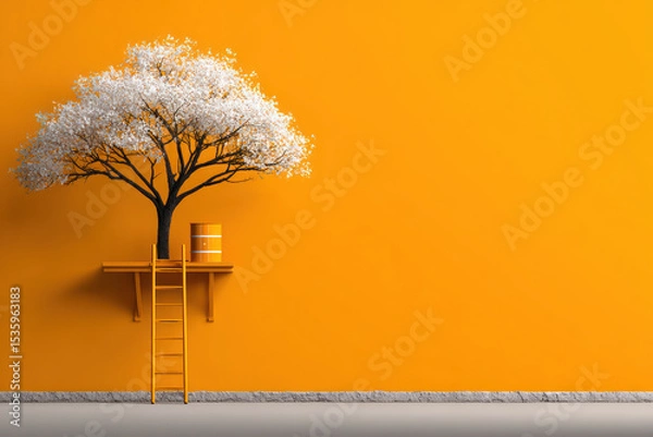 Fototapeta Climbing toward sustainable future is symbolized by white blossoming tree on platform with ladder against bright orange wall.