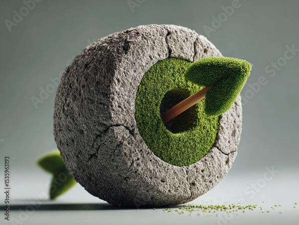 Fototapeta Sustainable business goals are powered by renewables symbolized by green arrow made of moss hitting stone target with natural energy.