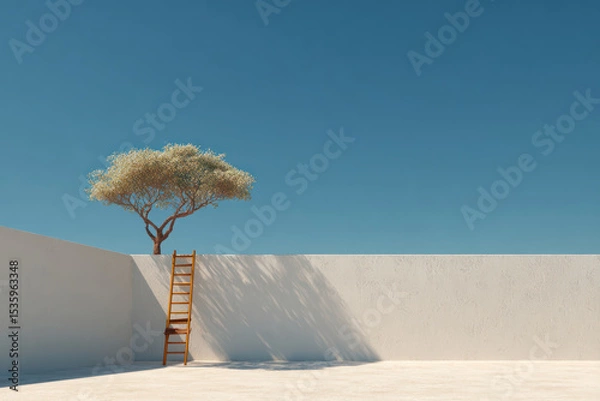 Fototapeta Climbing wooden ladder toward sustainable future under clear blue sky with lone tree casting shadows on white wall.