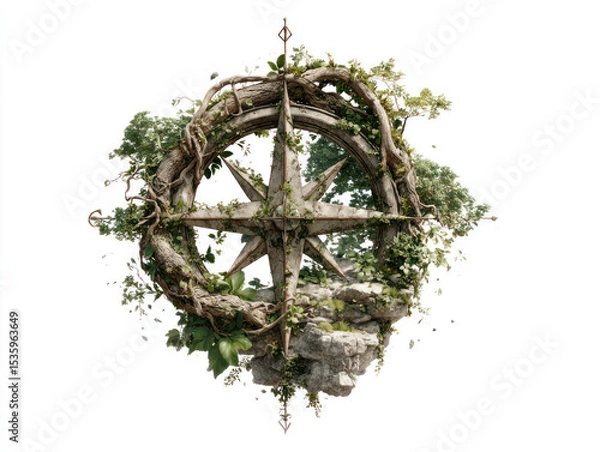 Fototapeta Navigating business growth with sustainable strategy is symbolized by compass entwined with vines and greenery on rocky terrain.
