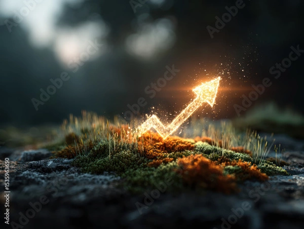 Fototapeta Sustainable business goals powered by renewables are symbolized by glowing arrow rising from moss on rock in natural environment.